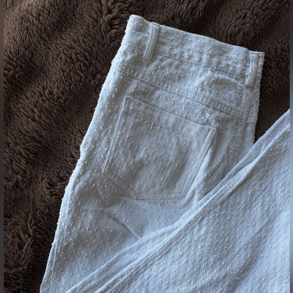 White Textured High-Waisted Straight Leg Pants